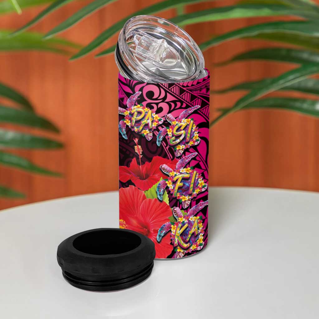 Pasifika Festival 4 in 1 Can Cooler Tumbler Plumeria Turtles with Hibiscus - Polynesian Art Tattoo Pink Color - Wonder Print Shop