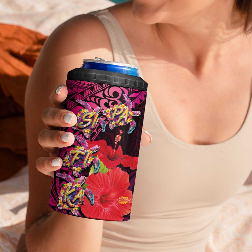 Pasifika Festival 4 in 1 Can Cooler Tumbler Plumeria Turtles with Hibiscus - Polynesian Art Tattoo Pink Color - Wonder Print Shop