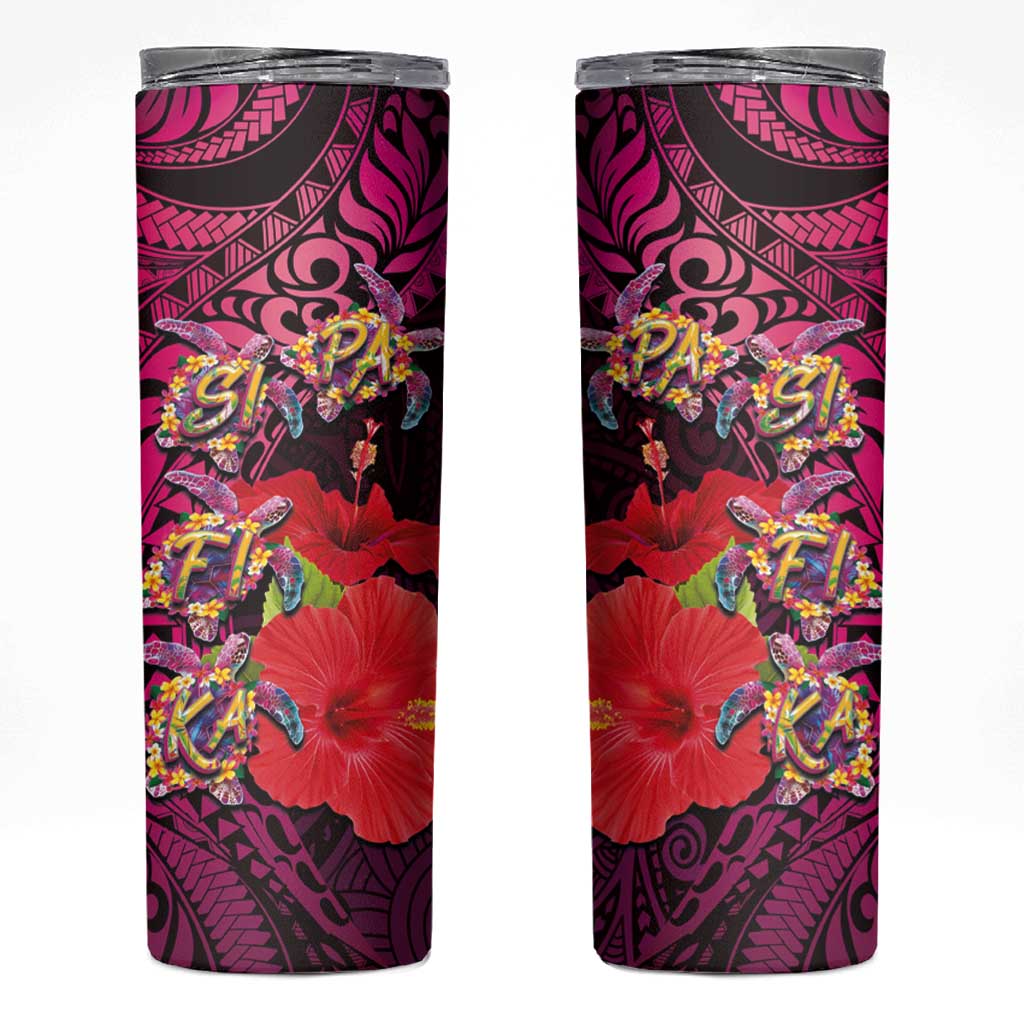 Pasifika Festival Skinny Tumbler Plumeria Turtles with Hibiscus - Polynesian Art Tattoo Pink Color - Wonder Print Shop
