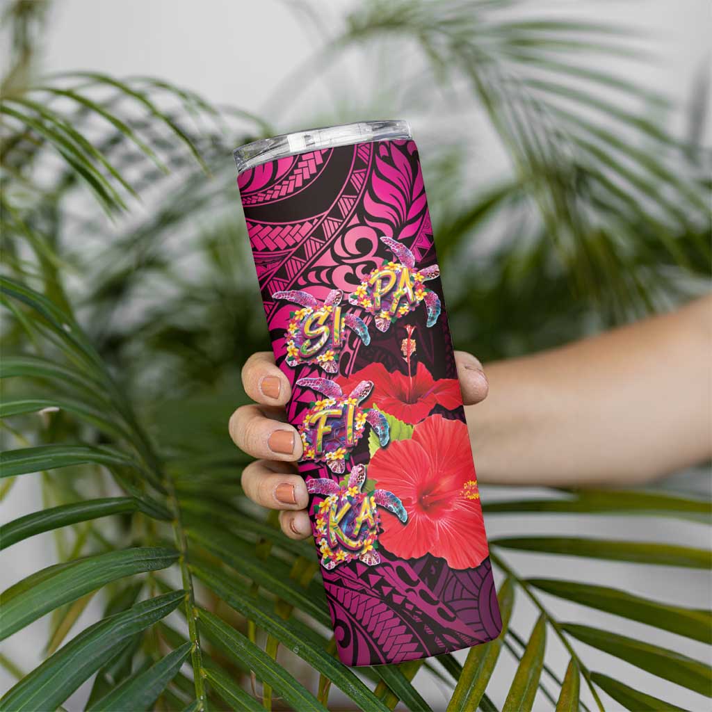 Pasifika Festival Skinny Tumbler Plumeria Turtles with Hibiscus - Polynesian Art Tattoo Pink Color - Wonder Print Shop