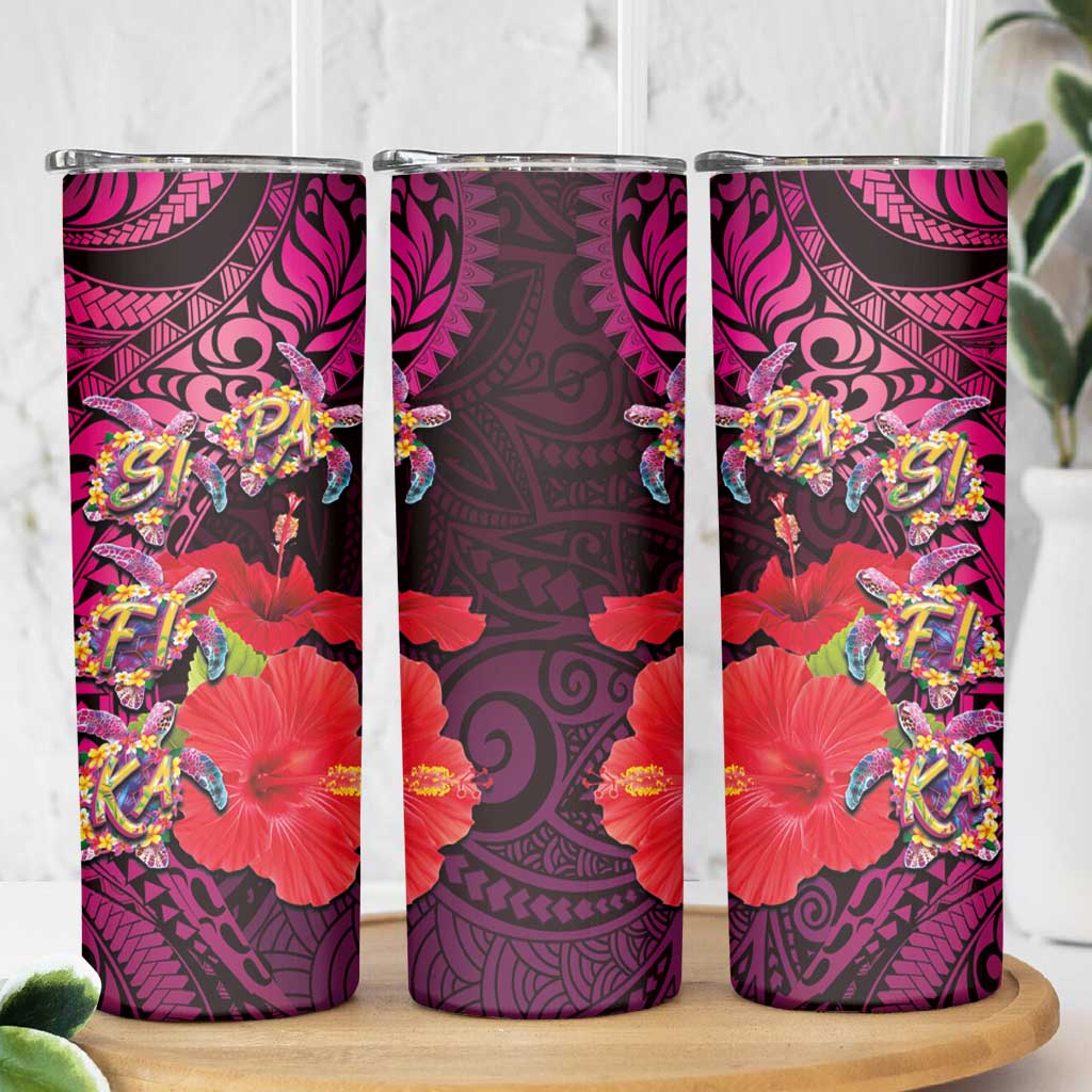 Pasifika Festival Skinny Tumbler Plumeria Turtles with Hibiscus - Polynesian Art Tattoo Pink Color - Wonder Print Shop