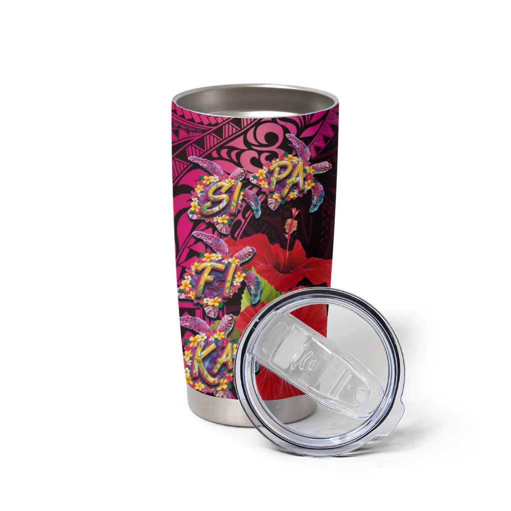 Pasifika Festival Tumbler Cup Plumeria Turtles with Hibiscus - Polynesian Art Tattoo Pink Color - Wonder Print Shop