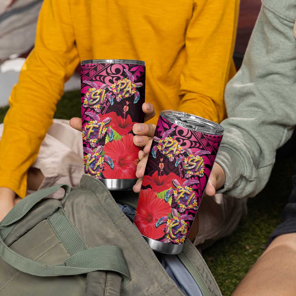 Pasifika Festival Tumbler Cup Plumeria Turtles with Hibiscus - Polynesian Art Tattoo Pink Color - Wonder Print Shop