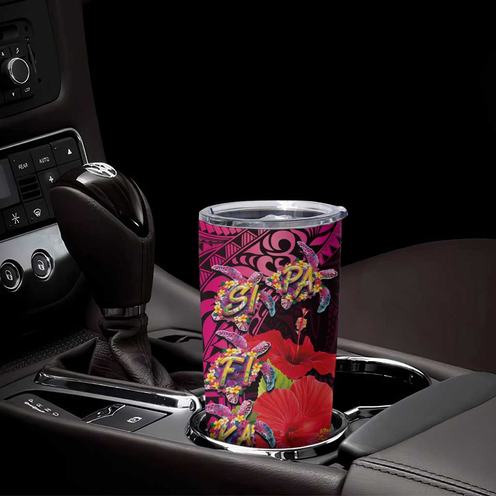 Pasifika Festival Tumbler Cup Plumeria Turtles with Hibiscus - Polynesian Art Tattoo Pink Color - Wonder Print Shop