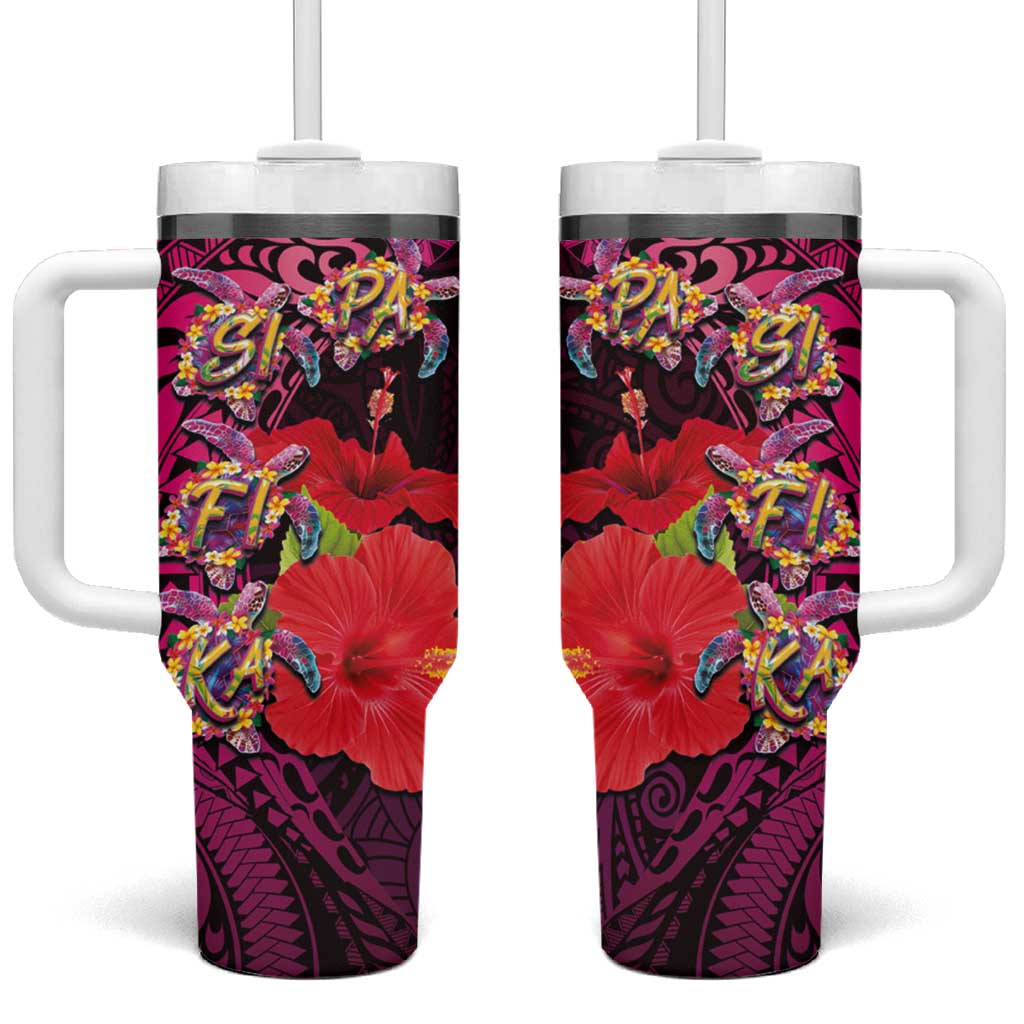 Pasifika Festival Tumbler With Handle Plumeria Turtles with Hibiscus - Polynesian Art Tattoo Pink Color - Wonder Print Shop