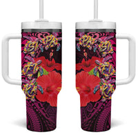 Pasifika Festival Tumbler With Handle Plumeria Turtles with Hibiscus - Polynesian Art Tattoo Pink Color - Wonder Print Shop