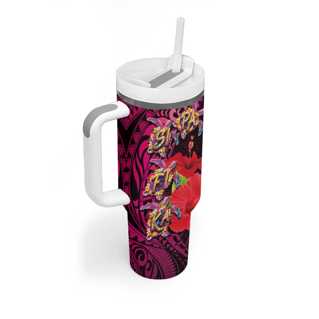 Pasifika Festival Tumbler With Handle Plumeria Turtles with Hibiscus - Polynesian Art Tattoo Pink Color - Wonder Print Shop
