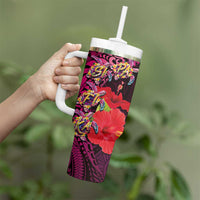Pasifika Festival Tumbler With Handle Plumeria Turtles with Hibiscus - Polynesian Art Tattoo Pink Color - Wonder Print Shop