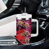 Pasifika Festival Tumbler With Handle Plumeria Turtles with Hibiscus - Polynesian Art Tattoo Pink Color - Wonder Print Shop