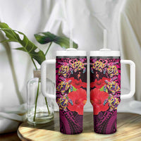 Pasifika Festival Tumbler With Handle Plumeria Turtles with Hibiscus - Polynesian Art Tattoo Pink Color - Wonder Print Shop