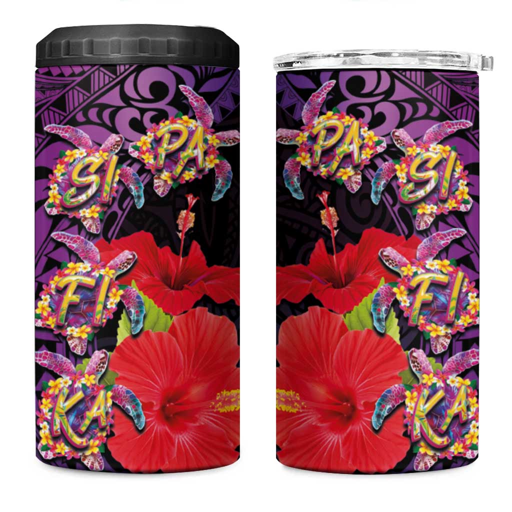 Pasifika Festival 4 in 1 Can Cooler Tumbler Plumeria Turtles with Hibiscus - Polynesian Art Tattoo Purpel Color - Wonder Print Shop