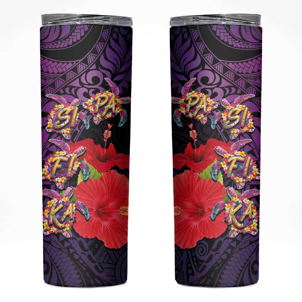 Pasifika Festival Skinny Tumbler Plumeria Turtles with Hibiscus - Polynesian Art Tattoo Purpel Color - Wonder Print Shop