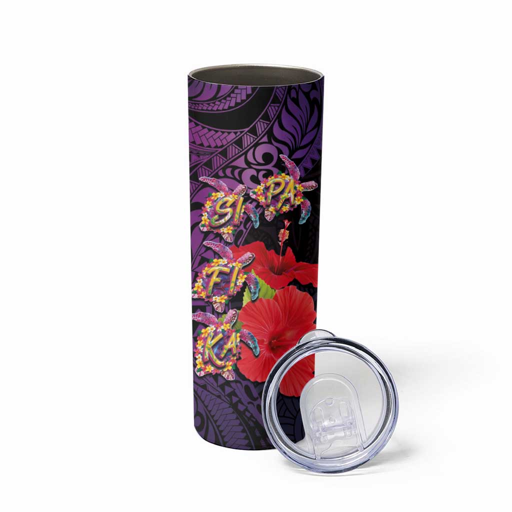 Pasifika Festival Skinny Tumbler Plumeria Turtles with Hibiscus - Polynesian Art Tattoo Purpel Color - Wonder Print Shop