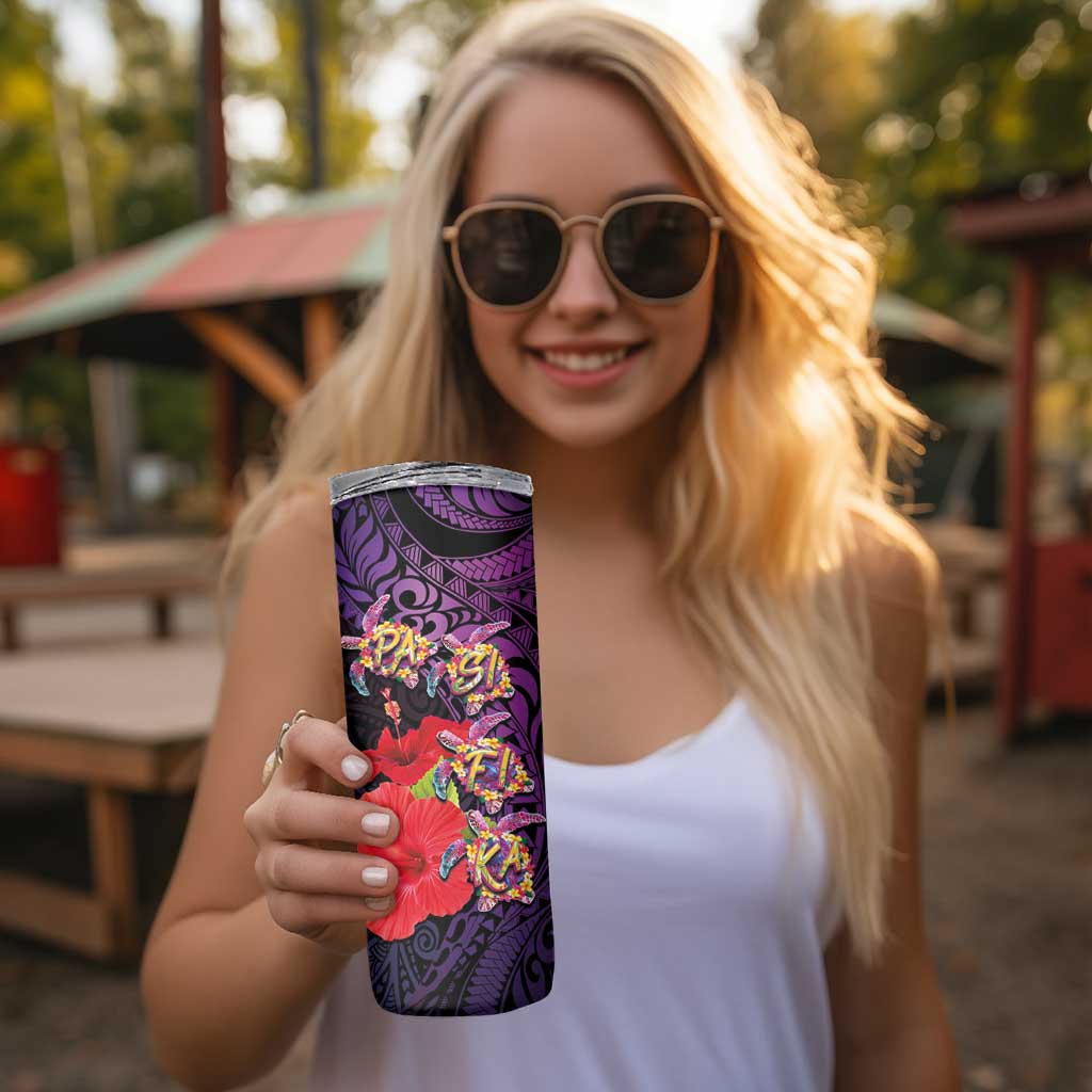 Pasifika Festival Skinny Tumbler Plumeria Turtles with Hibiscus - Polynesian Art Tattoo Purpel Color - Wonder Print Shop