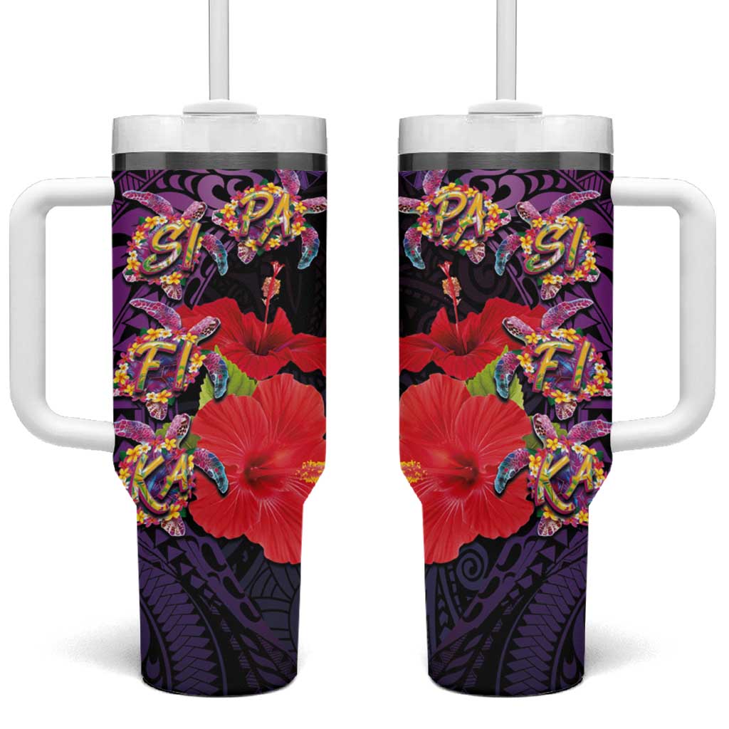 Pasifika Festival Tumbler With Handle Plumeria Turtles with Hibiscus - Polynesian Art Tattoo Purpel Color - Wonder Print Shop