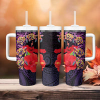 Pasifika Festival Tumbler With Handle Plumeria Turtles with Hibiscus - Polynesian Art Tattoo Purpel Color - Wonder Print Shop