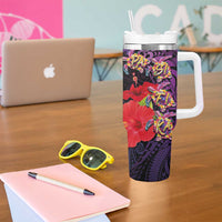 Pasifika Festival Tumbler With Handle Plumeria Turtles with Hibiscus - Polynesian Art Tattoo Purpel Color - Wonder Print Shop