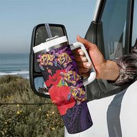 Pasifika Festival Tumbler With Handle Plumeria Turtles with Hibiscus - Polynesian Art Tattoo Purpel Color - Wonder Print Shop
