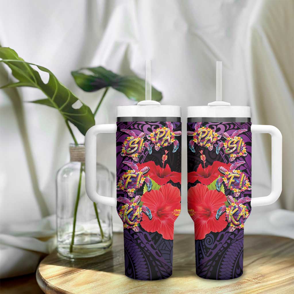 Pasifika Festival Tumbler With Handle Plumeria Turtles with Hibiscus - Polynesian Art Tattoo Purpel Color - Wonder Print Shop