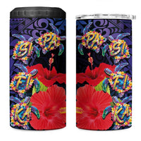 Pasifika Festival 4 in 1 Can Cooler Tumbler Plumeria Turtles with Hibiscus - Polynesian Art Tattoo Dark Navy Color - Wonder Print Shop