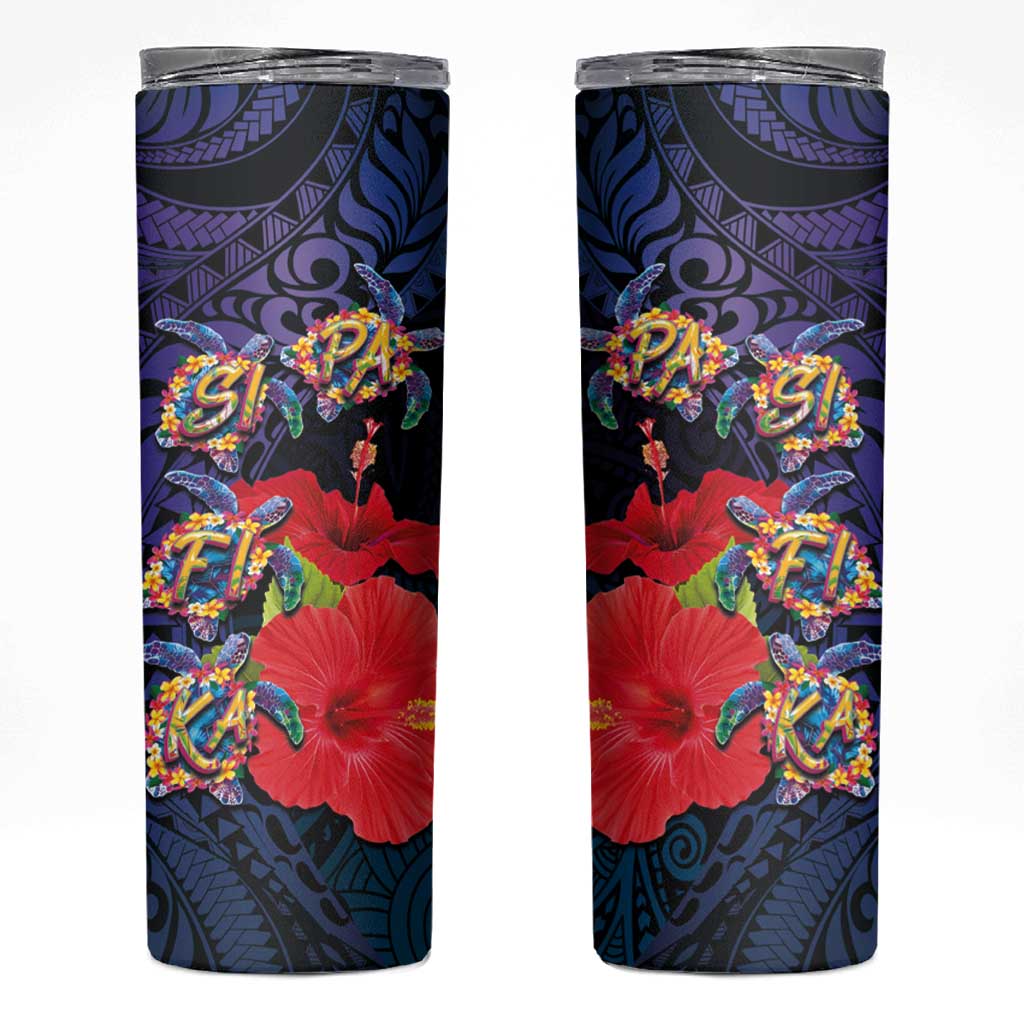 Pasifika Festival Skinny Tumbler Plumeria Turtles with Hibiscus - Polynesian Art Tattoo Dark Navy Color - Wonder Print Shop