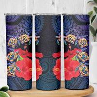 Pasifika Festival Skinny Tumbler Plumeria Turtles with Hibiscus - Polynesian Art Tattoo Dark Navy Color - Wonder Print Shop