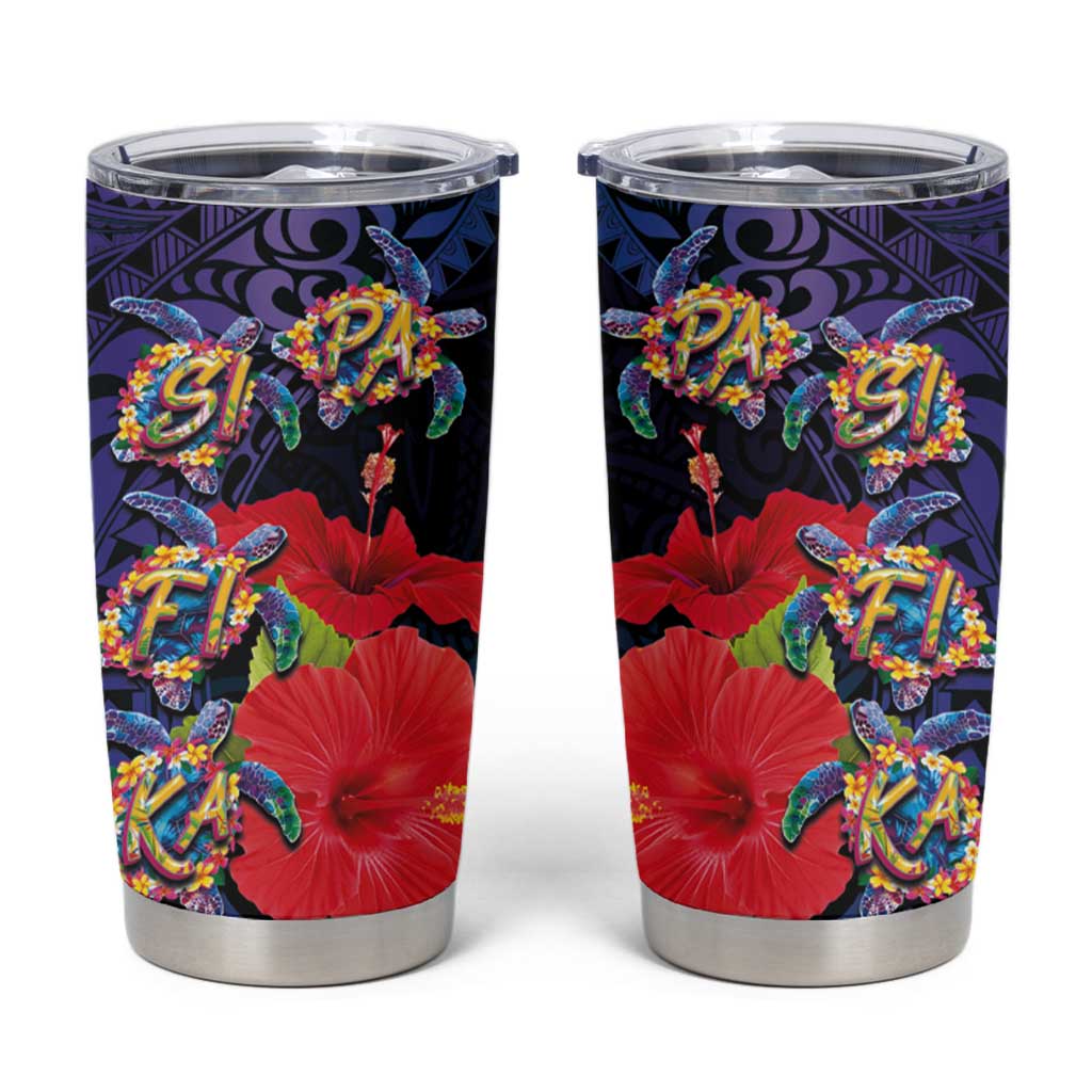 Pasifika Festival Tumbler Cup Plumeria Turtles with Hibiscus - Polynesian Art Tattoo Dark Navy Color - Wonder Print Shop
