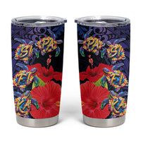Pasifika Festival Tumbler Cup Plumeria Turtles with Hibiscus - Polynesian Art Tattoo Dark Navy Color - Wonder Print Shop