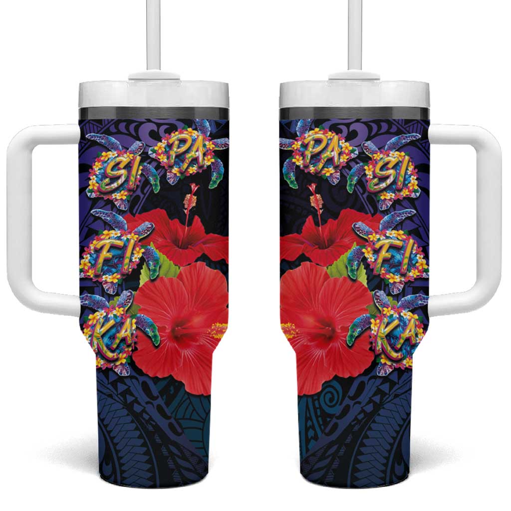 Pasifika Festival Tumbler With Handle Plumeria Turtles with Hibiscus - Polynesian Art Tattoo Dark Navy Color - Wonder Print Shop