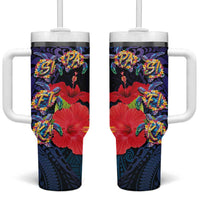 Pasifika Festival Tumbler With Handle Plumeria Turtles with Hibiscus - Polynesian Art Tattoo Dark Navy Color - Wonder Print Shop