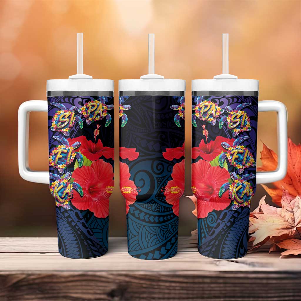 Pasifika Festival Tumbler With Handle Plumeria Turtles with Hibiscus - Polynesian Art Tattoo Dark Navy Color - Wonder Print Shop