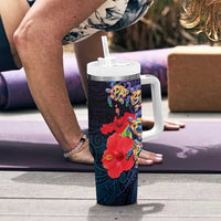 Pasifika Festival Tumbler With Handle Plumeria Turtles with Hibiscus - Polynesian Art Tattoo Dark Navy Color - Wonder Print Shop