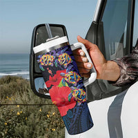 Pasifika Festival Tumbler With Handle Plumeria Turtles with Hibiscus - Polynesian Art Tattoo Dark Navy Color - Wonder Print Shop