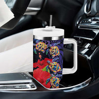 Pasifika Festival Tumbler With Handle Plumeria Turtles with Hibiscus - Polynesian Art Tattoo Dark Navy Color - Wonder Print Shop