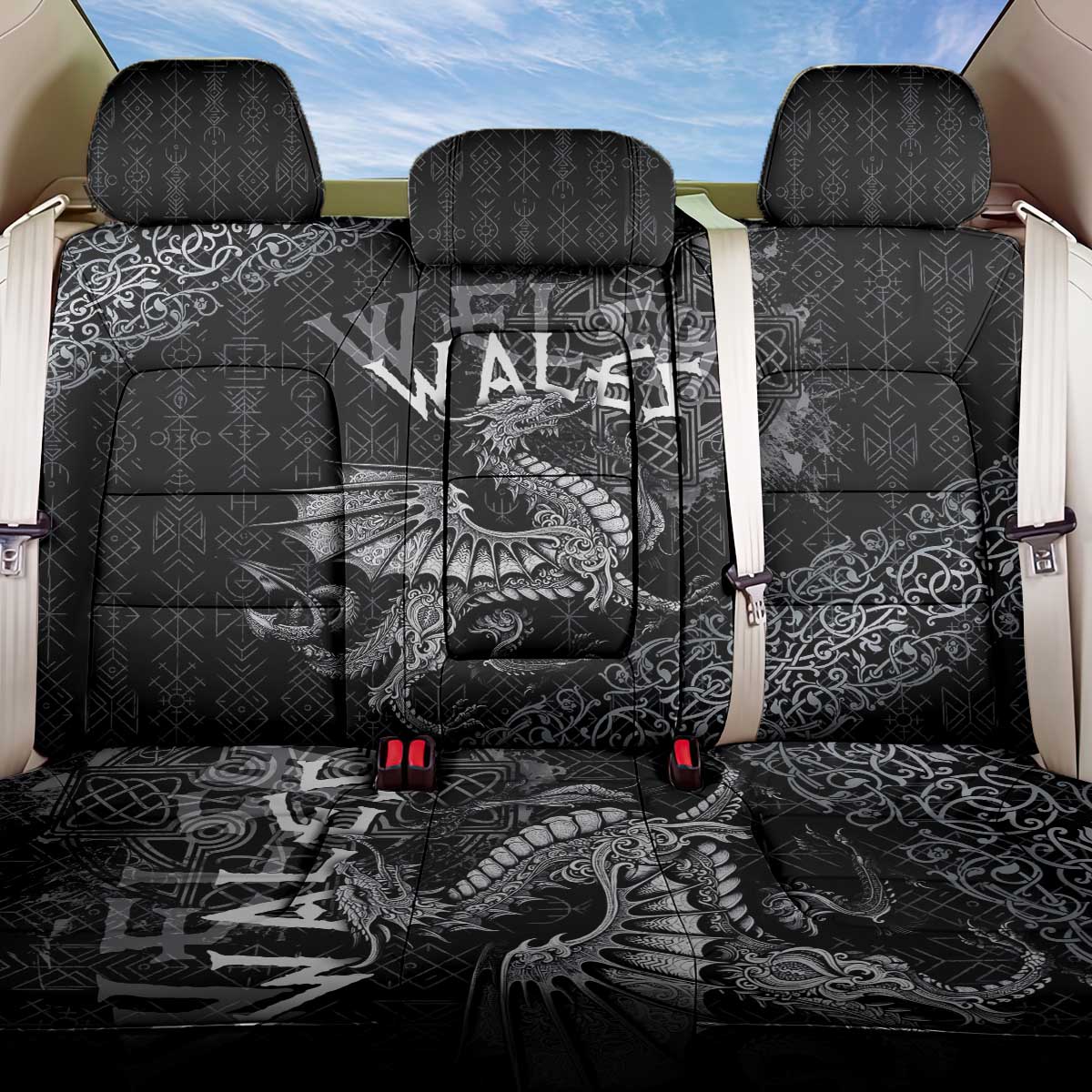 Welsh Celtic Culture Back Car Seat Cover Wales Y Ddraig Goch with Runes Symbols - Wonder Print Shop
