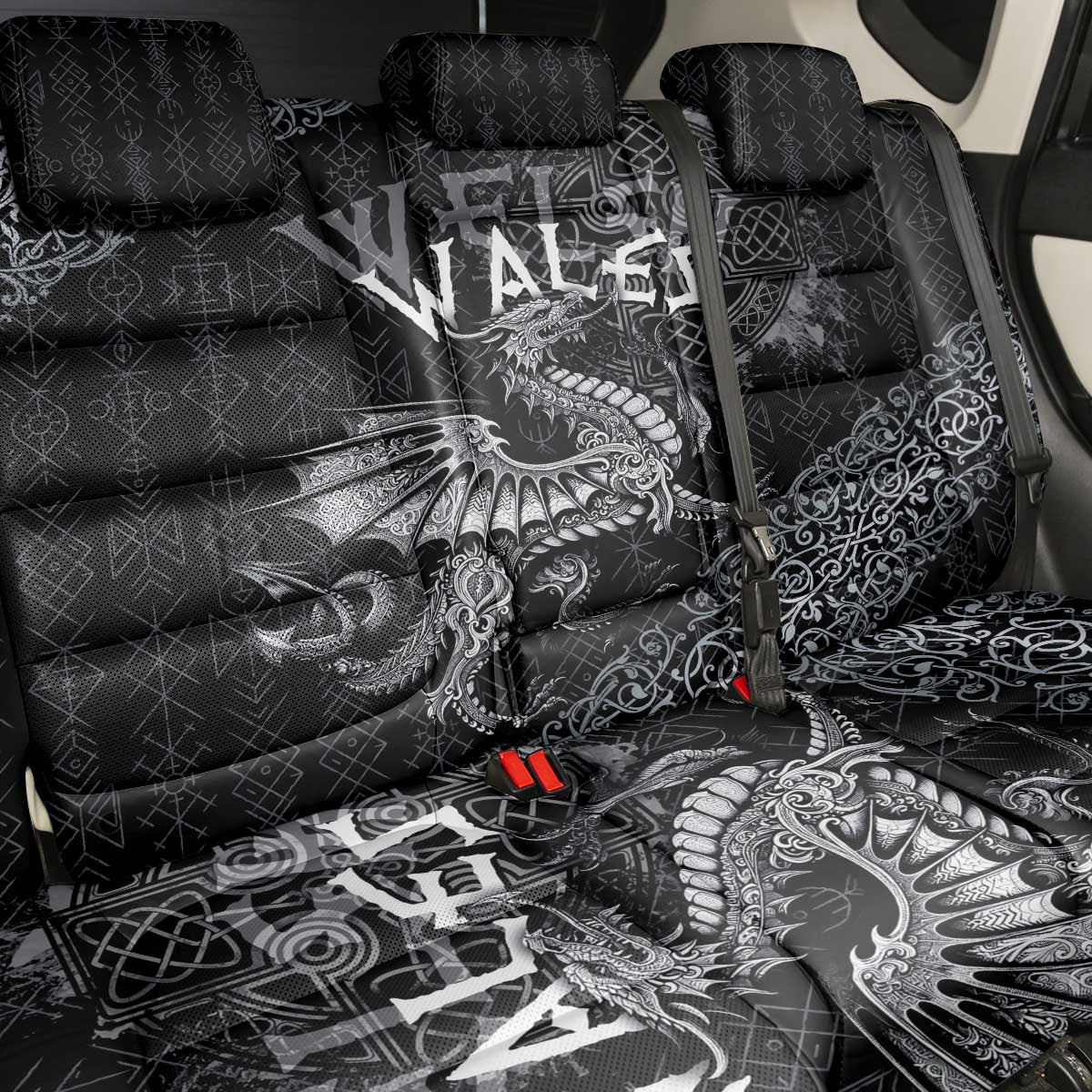 Welsh Celtic Culture Back Car Seat Cover Wales Y Ddraig Goch with Runes Symbols - Wonder Print Shop