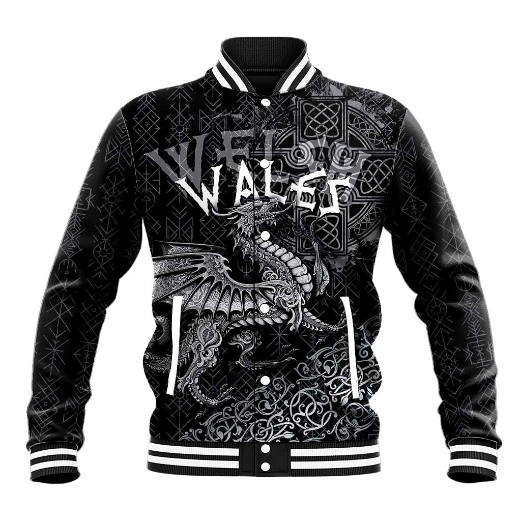 Welsh Celtic Culture Baseball Jacket Wales Y Ddraig Goch with Runes Symbols - Wonder Print Shop