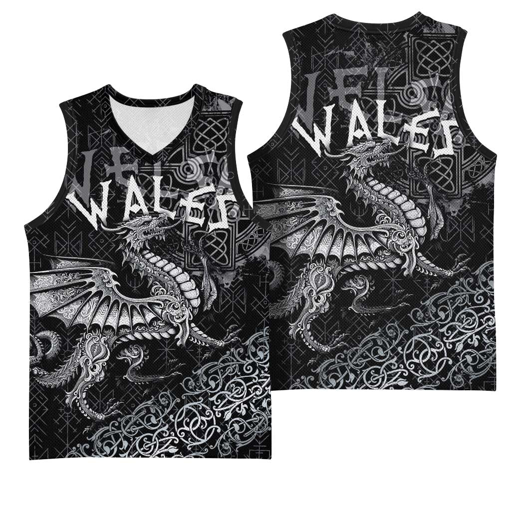 Welsh Celtic Culture Basketball Jersey Wales Y Ddraig Goch with Runes Symbols - Wonder Print Shop