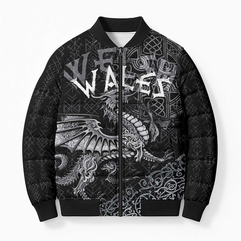 Welsh Celtic Culture Bomber Puffer Jacket Wales Y Ddraig Goch with Runes Symbols - Wonder Print Shop