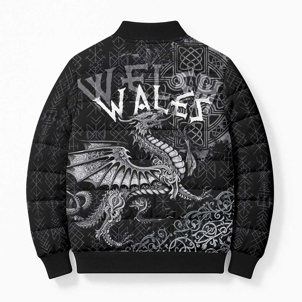 Welsh Celtic Culture Bomber Puffer Jacket Wales Y Ddraig Goch with Runes Symbols - Wonder Print Shop