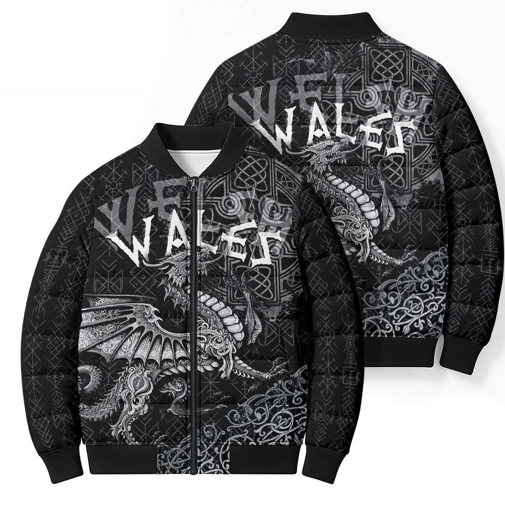 Welsh Celtic Culture Bomber Puffer Jacket Wales Y Ddraig Goch with Runes Symbols - Wonder Print Shop