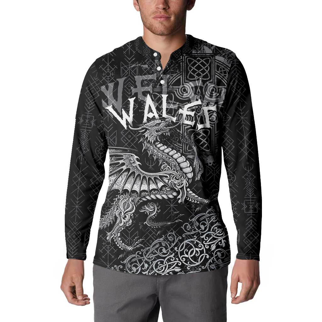 Welsh Celtic Culture Button Sweatshirt Wales Y Ddraig Goch with Runes Symbols - Wonder Print Shop