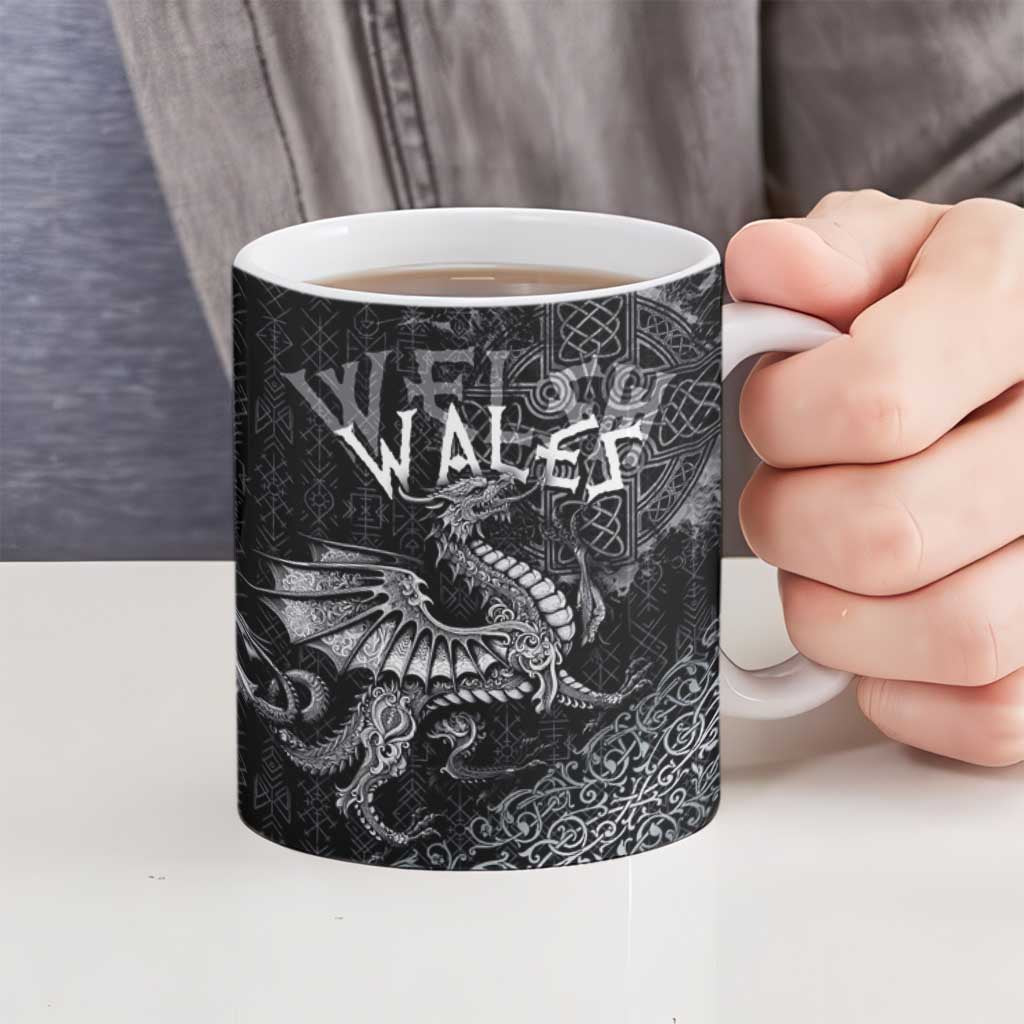 Welsh Celtic Culture Ceramic Mug Wales Y Ddraig Goch with Runes Symbols - Wonder Print Shop