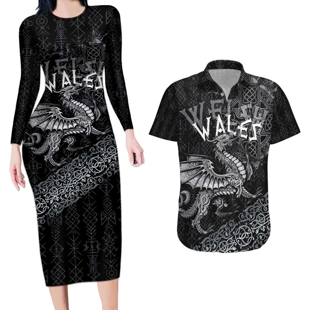 Welsh Celtic Culture Couples Matching Long Sleeve Bodycon Dress and Hawaiian Shirt Wales Y Ddraig Goch with Runes Symbols - Wonder Print Shop
