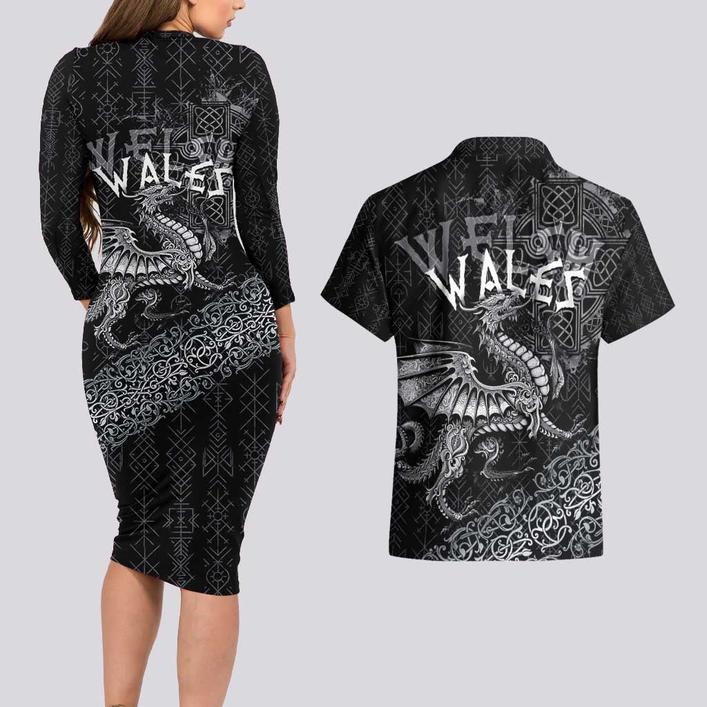 Welsh Celtic Culture Couples Matching Long Sleeve Bodycon Dress and Hawaiian Shirt Wales Y Ddraig Goch with Runes Symbols - Wonder Print Shop