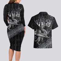 Welsh Celtic Culture Couples Matching Long Sleeve Bodycon Dress and Hawaiian Shirt Wales Y Ddraig Goch with Runes Symbols - Wonder Print Shop