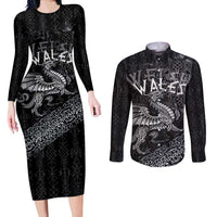 Welsh Celtic Culture Couples Matching Long Sleeve Bodycon Dress and Long Sleeve Button Shirt Wales Y Ddraig Goch with Runes Symbols - Wonder Print Shop
