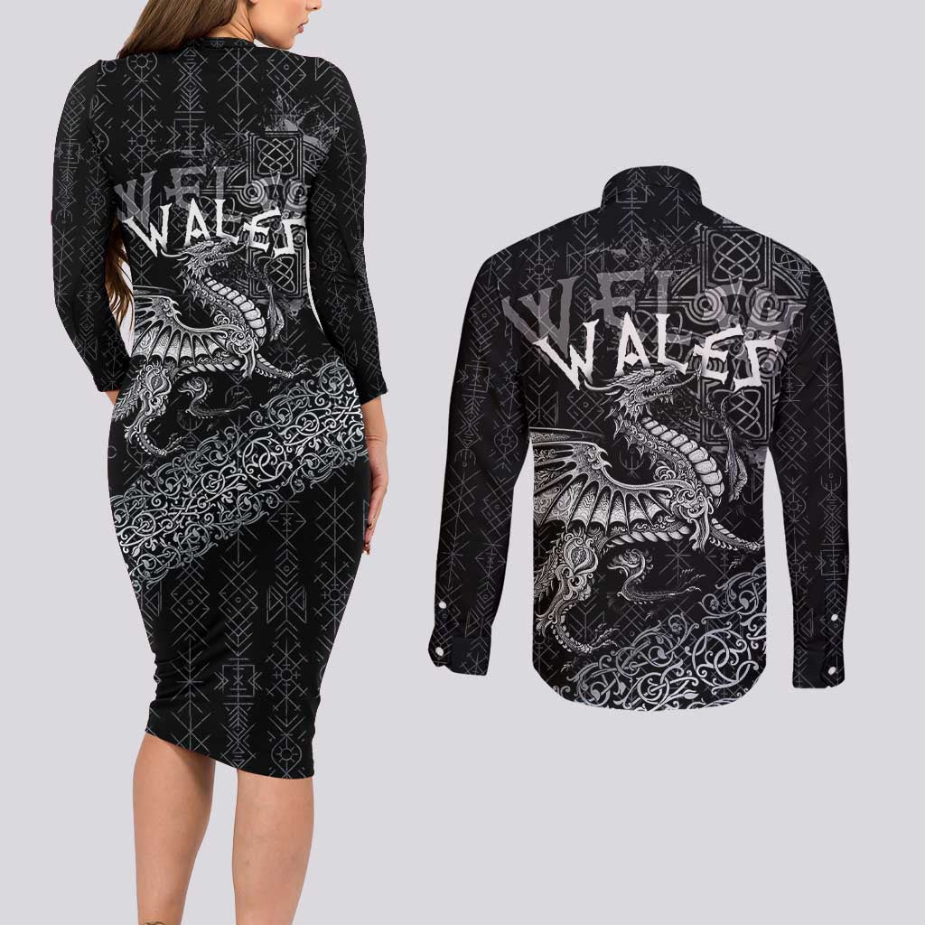 Welsh Celtic Culture Couples Matching Long Sleeve Bodycon Dress and Long Sleeve Button Shirt Wales Y Ddraig Goch with Runes Symbols - Wonder Print Shop
