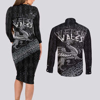 Welsh Celtic Culture Couples Matching Long Sleeve Bodycon Dress and Long Sleeve Button Shirt Wales Y Ddraig Goch with Runes Symbols - Wonder Print Shop
