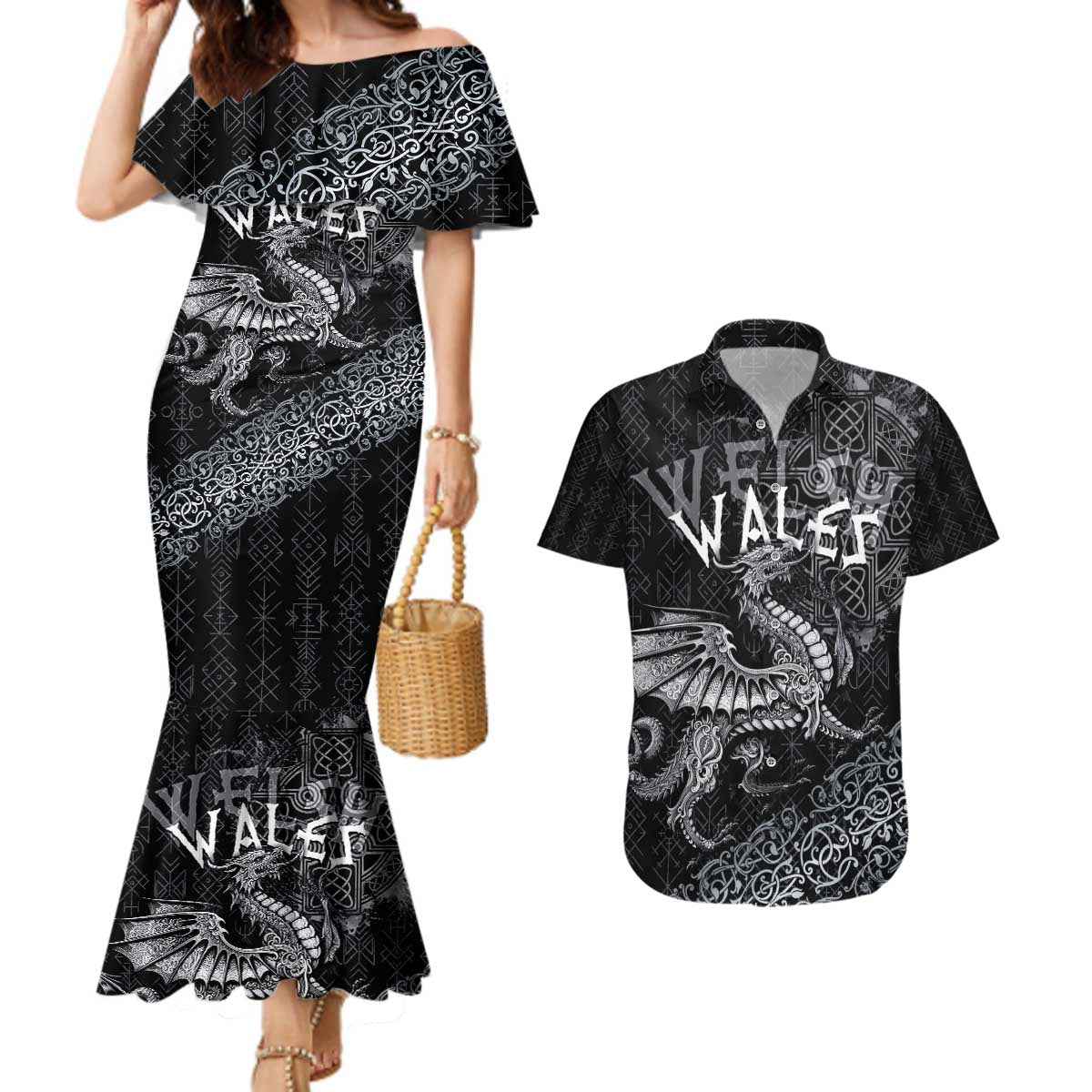 Welsh Celtic Culture Couples Matching Mermaid Dress and Hawaiian Shirt Wales Y Ddraig Goch with Runes Symbols - Wonder Print Shop